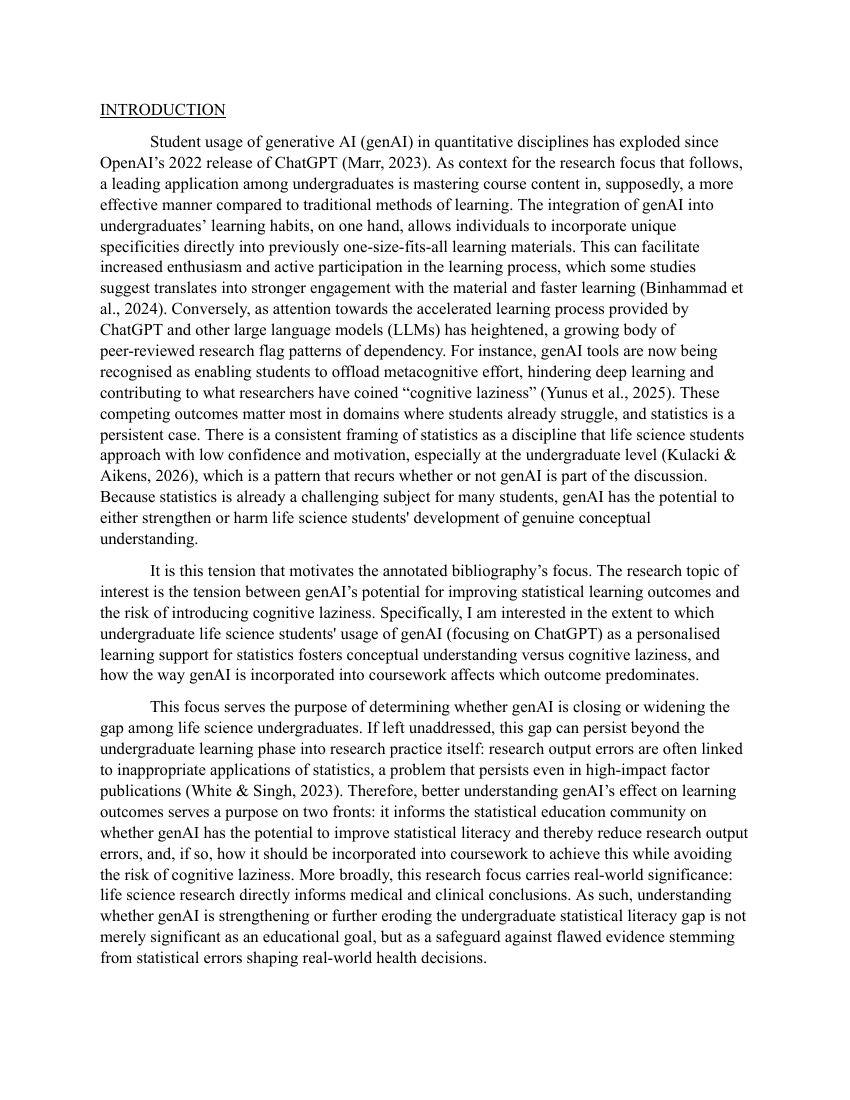 Preview of the annotated bibliography introduction containing the refined research focus