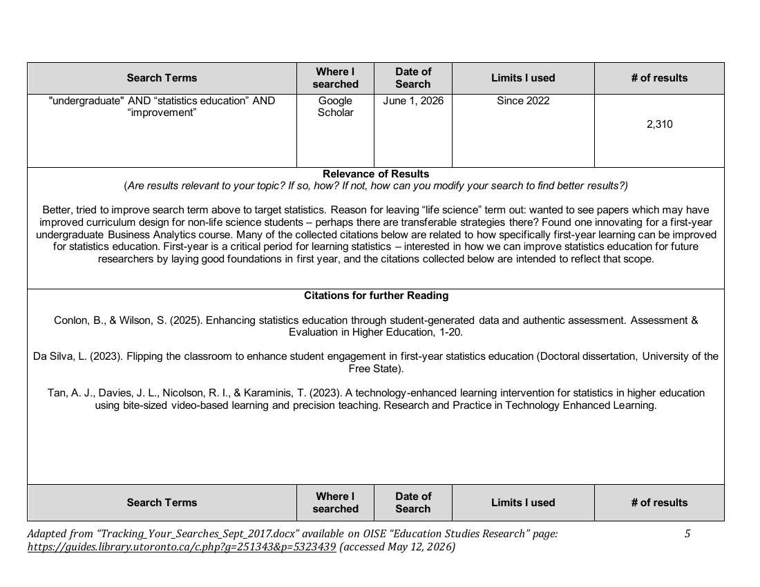 June 1 literature-search page showing undergraduate statistics education improvement search