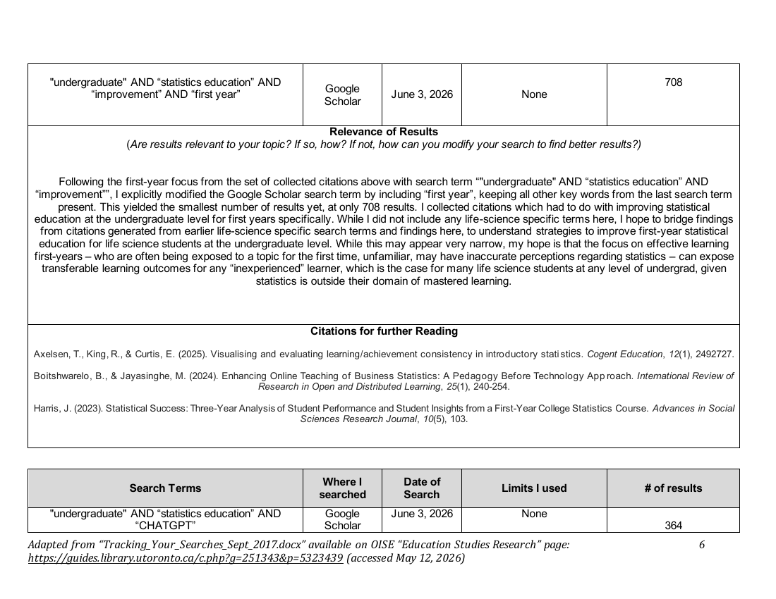 June 3 literature-search page showing first-year and ChatGPT search terms